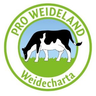 Um einen Kreis mit der Grafik einer Kuh ein Ring mit dem Text Pro Weideland Weidecharta.
