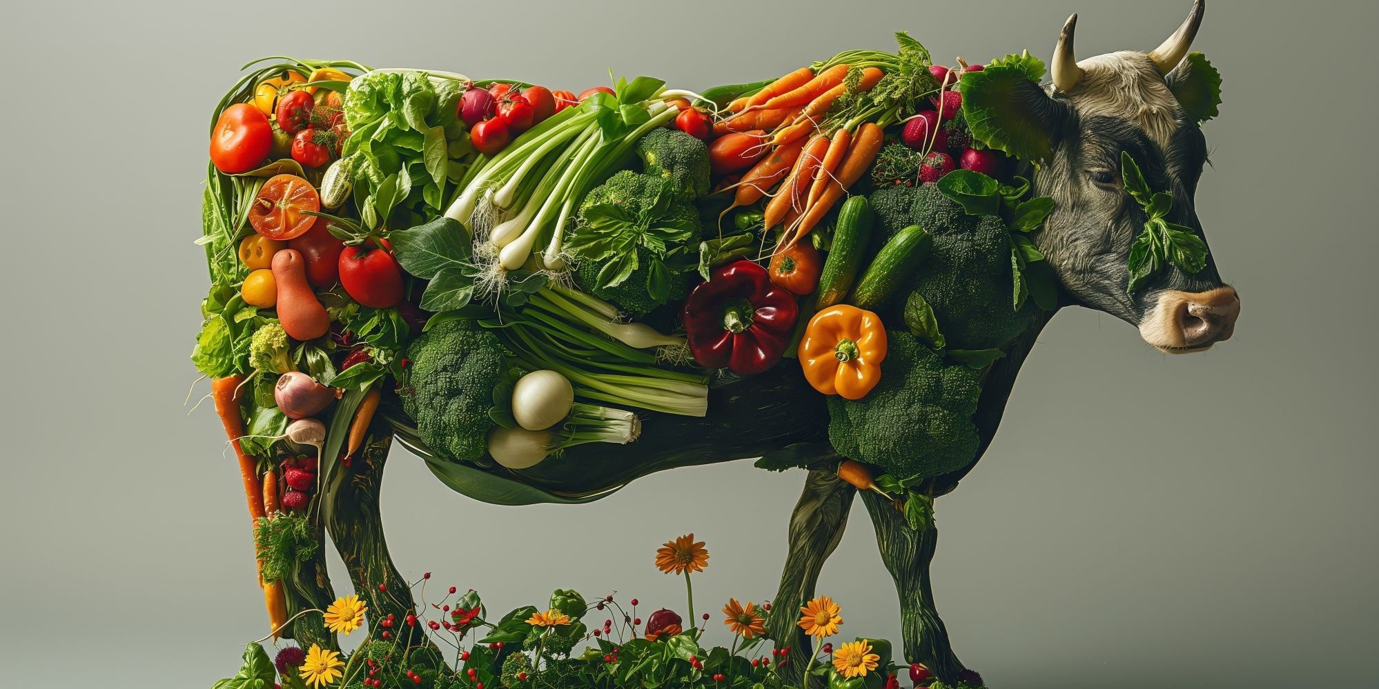 Eine Kuh, die aus Obst und Gemüse zusammengesetzt ist.. Artikel "Essen im Wandel" öffnen.