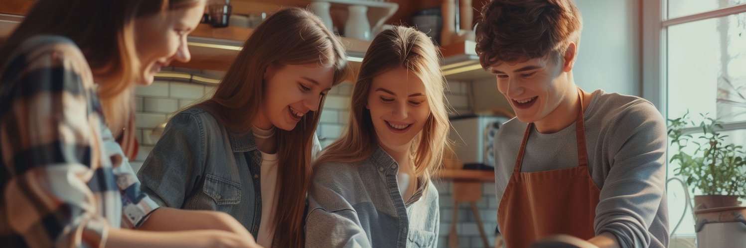 Jugendliche kochen gemeinsam mit viel Gemüse.