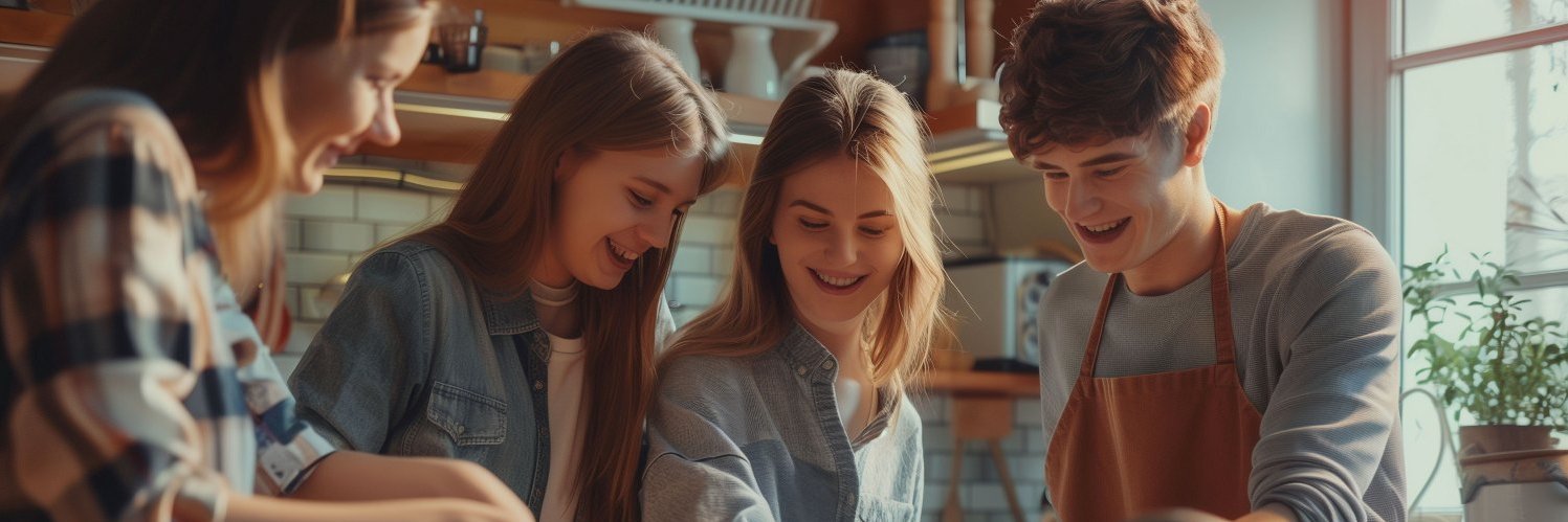 Jugendliche kochen gemeinsam mit viel Gemüse.