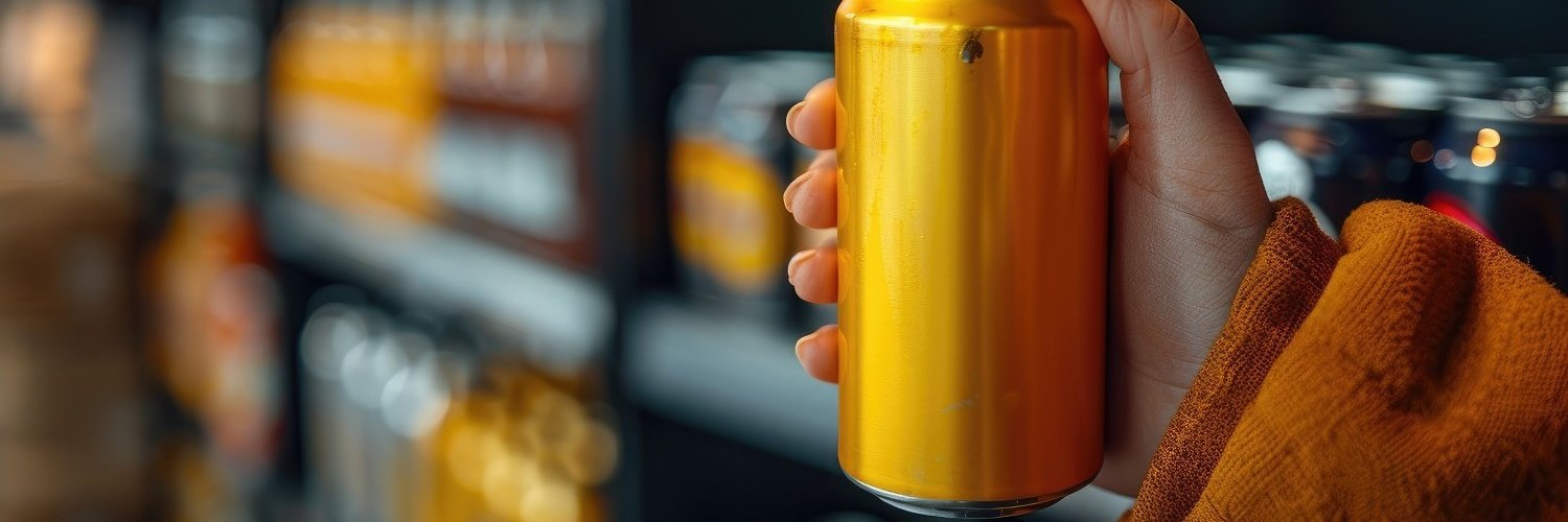 Eine Hand hält eine leuchtend gelbe Getränkedose vor einem Supermarktregal gefüllt mit Getränken. 