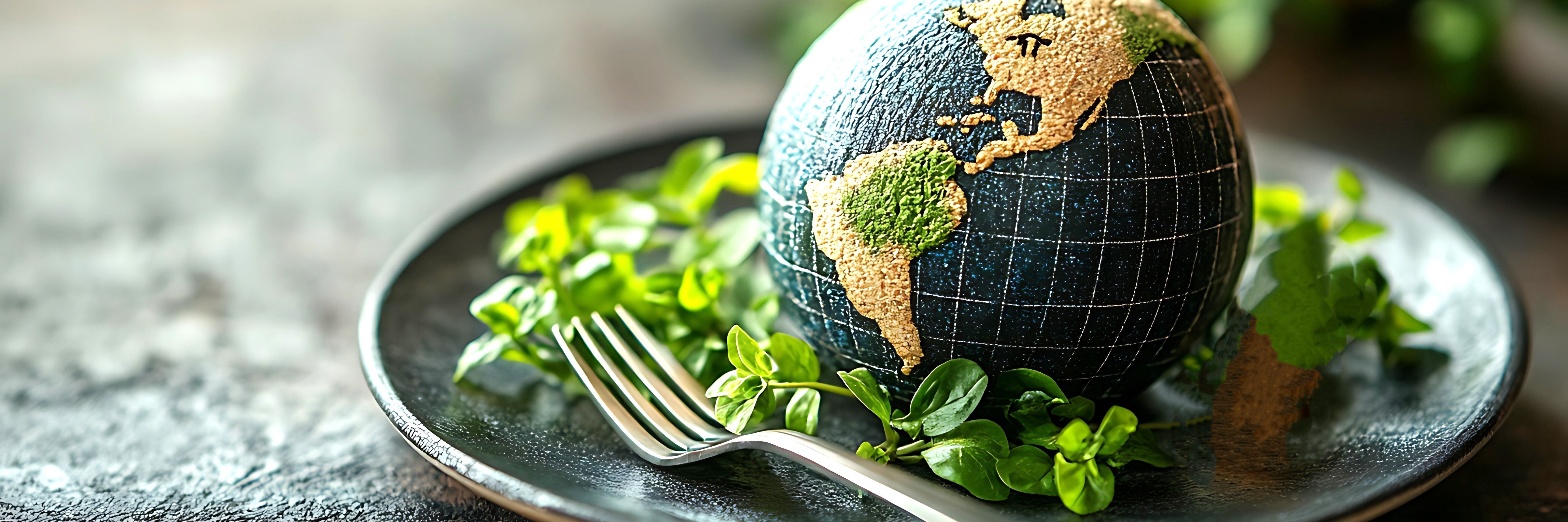 Ein Modell einer Erdkugel liegt auf einem Teller mit Salat.