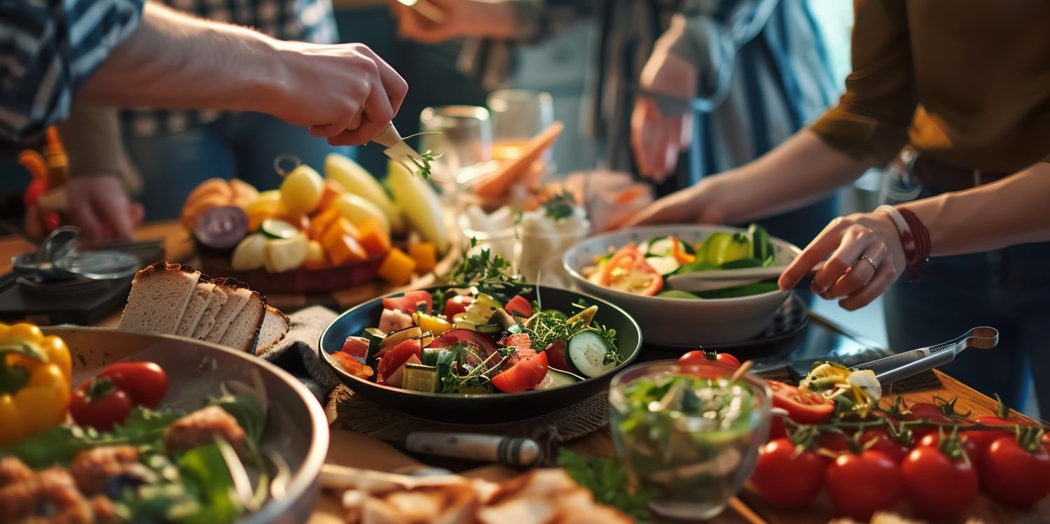 Verschiedene Speisen auf einem Tisch und Menschen, die sich davon nehmen. . Artikel "Gut essen" öffnen.