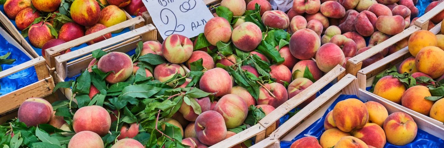 Verschiedene Sorten von Pfirsichen und Nektarinen, die auf einem Markt zum Verkauf angeboten werden