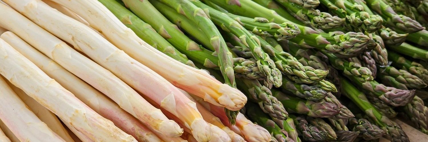 Die Bildfläche ist zu einer Hälfte ausgefüllt mit frischen grünen und zur anderen Hälfte mit weißen Spargelstangen.