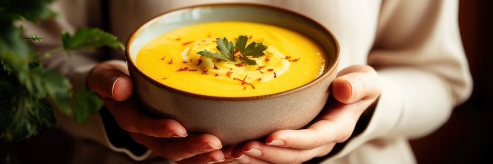 Frau die Teller Kürbissuppe in der Hand hat.