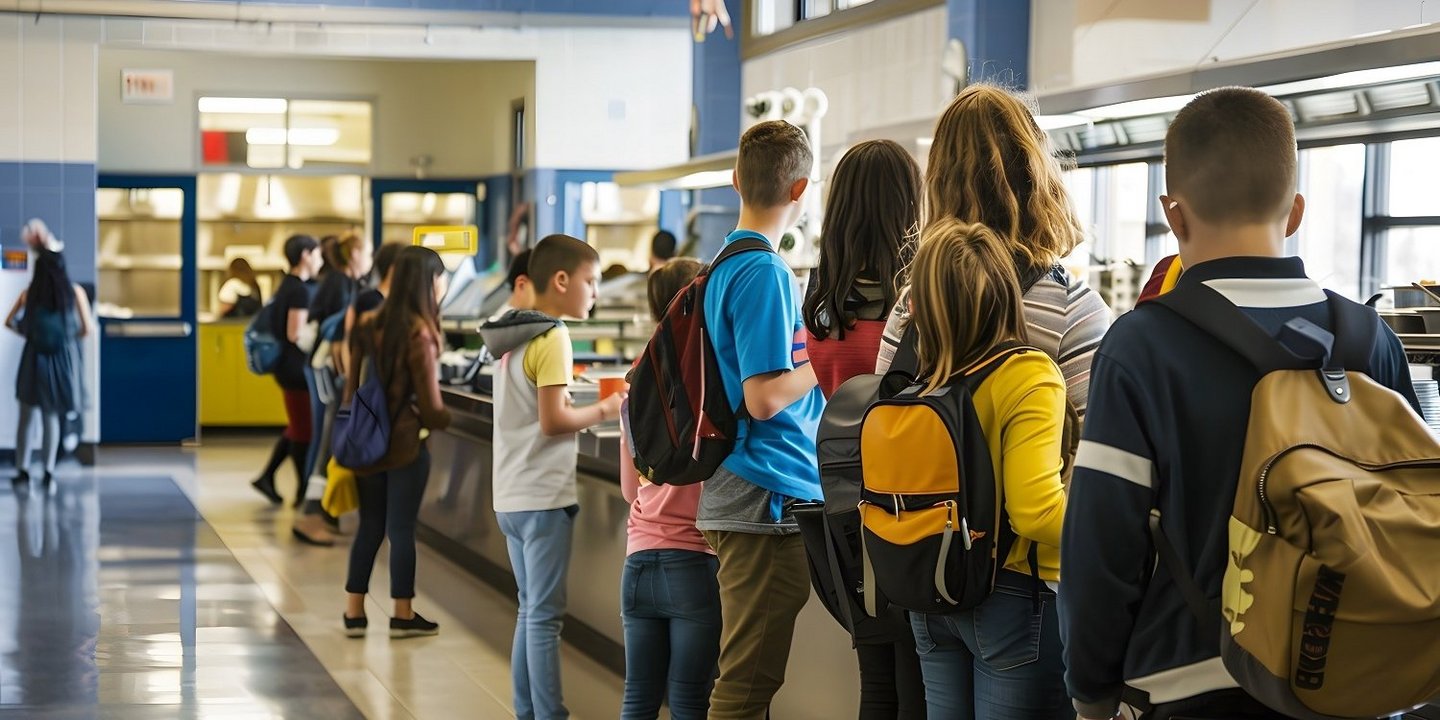 Schülerinnen und Schüler stehen an der Essensausgabe in der Mensa. 