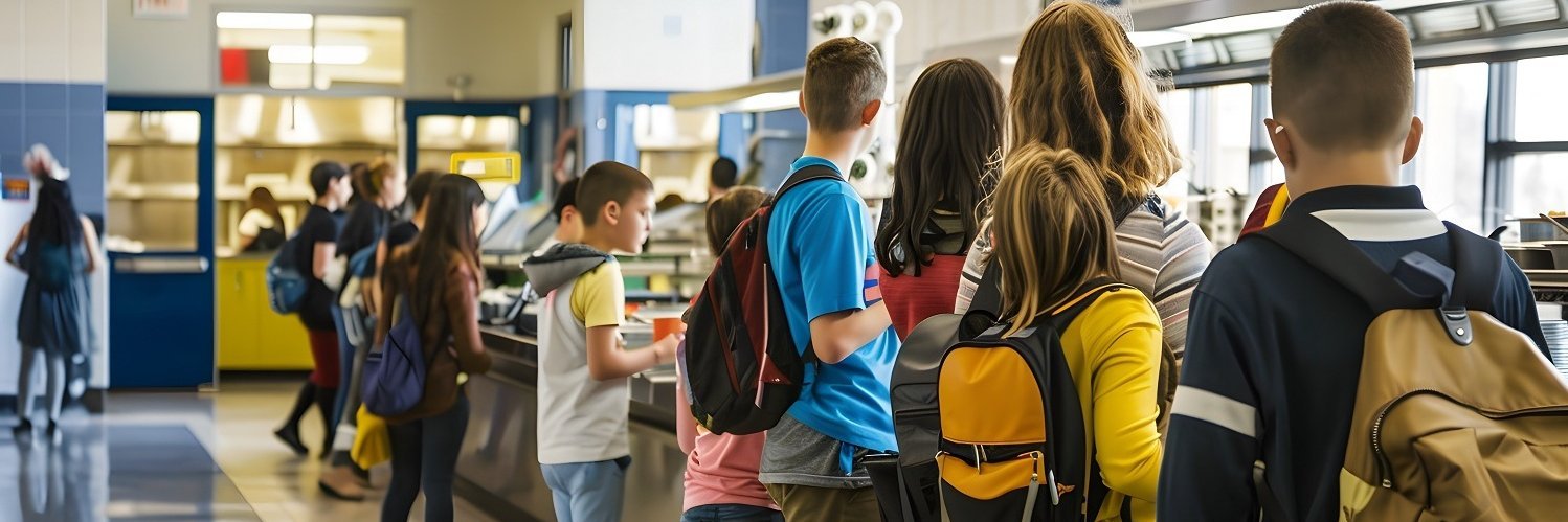 Schülerinnen und Schüler stehen an der Essensausgabe in der Mensa.