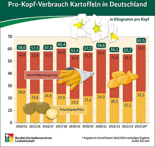 Die Infografik zeigt den Pro-Kopf-Verbrauch von Kartoffeln von 2014 bis 2024 in Deutschland.