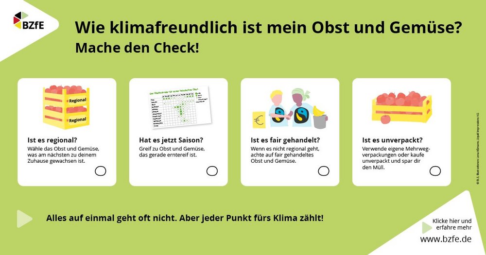 Die Infografik gibt Tipps zur klimabewussten Auswahl von Obst und Gemüse. 