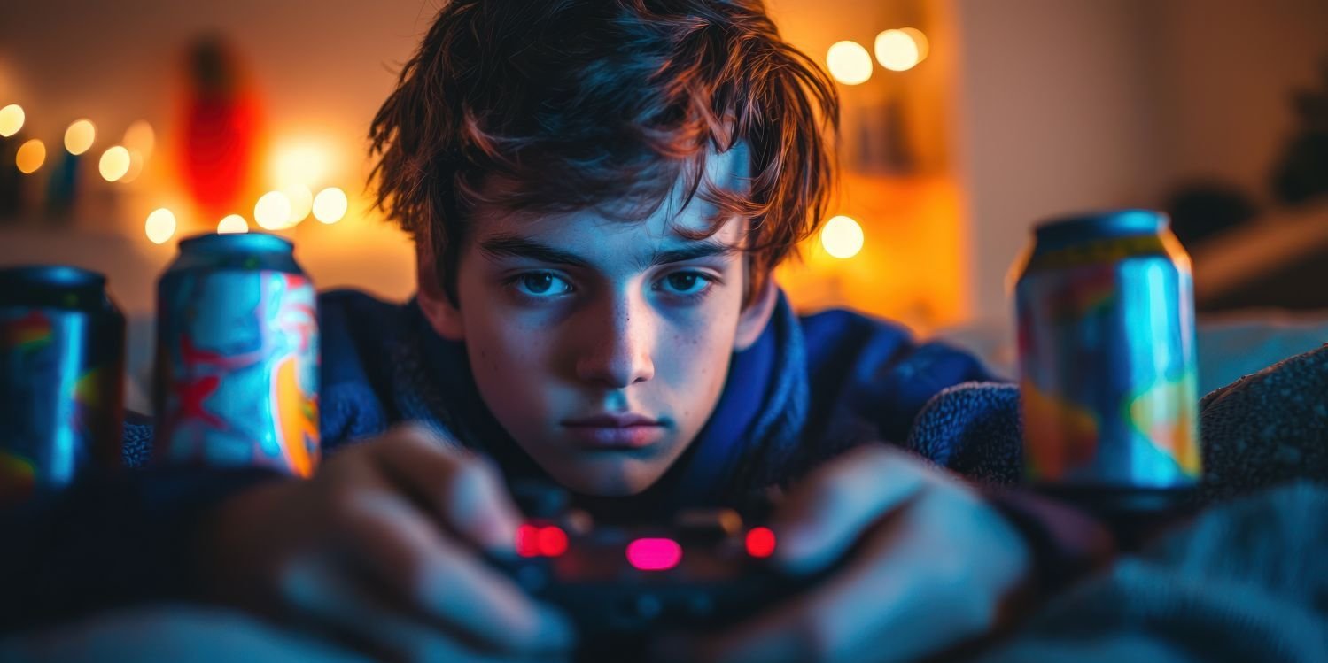 Junge mit Energydrinks rechts und links spielt am Computer.. Artikel "Energydrinks als Risiko für die Gesundheit?" öffnen.