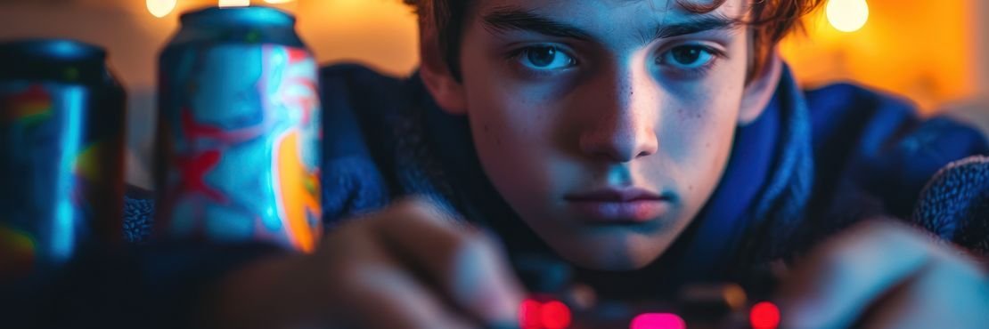 Junge mit Energydrinks rechts und links spielt am Computer.