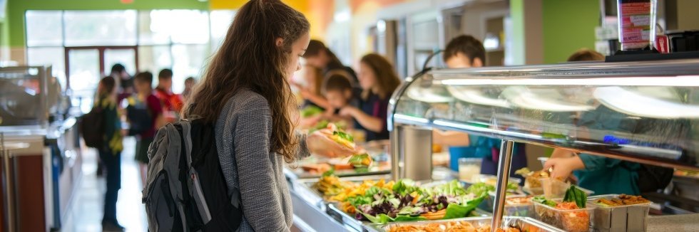 Eine Schülerin steht in einer Mensa vor der Essensausgabe mit Salat- und Gemüseangebot. 