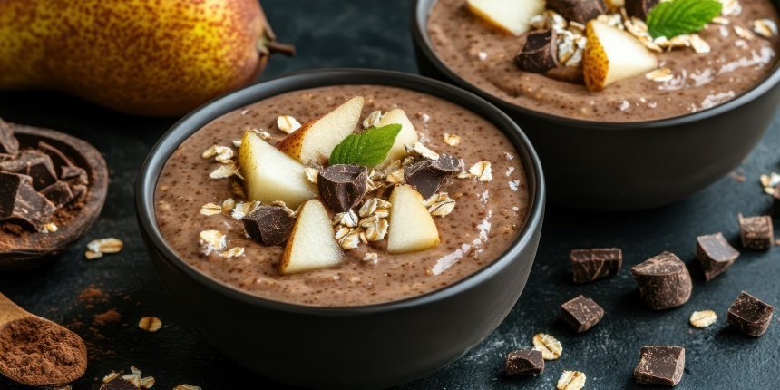 Zwei schwarze Schalen mit Chia-Schokoladenpudding, mit Birnenwürfeln und Schokostückchen dekoriert, auf einer dunklen Tischplatte, daneben liegt eine Birne.. Artikel "Pudding selbst gemacht" öffnen.