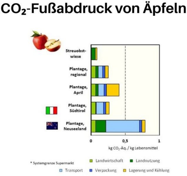 Das Balkendiagramm zeigt die Treibhausgasemissionen, die Äpfel vom Anbau bis in den Supermarkt verursachen. Heimischer Anbau sowie aus anderen Ländern importiert.