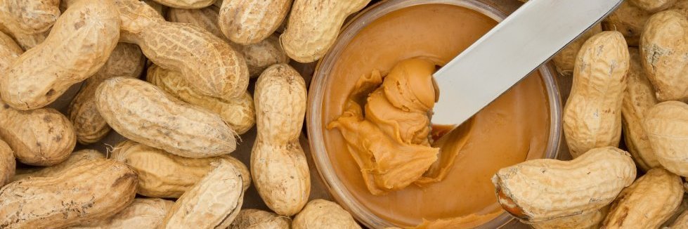 Erdnussbutter in einer Schale, daneben liegen Erdnüsse
