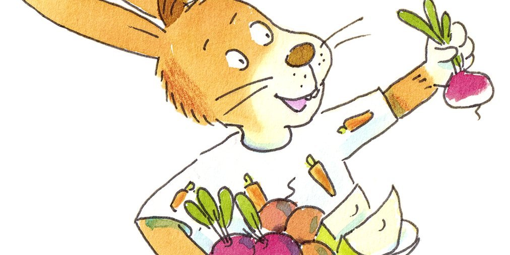 Die Comicfigur Hase Kasimir hält einen Teller mit Obst und Gemüse und ein Radischen in der Hand.