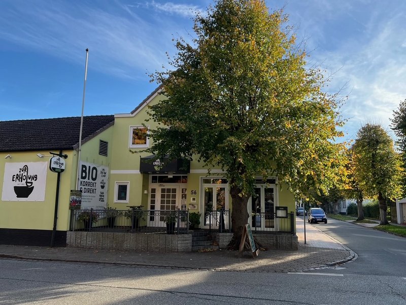Vor einer gelben Gastwirtschaft steht ein Lindenbaum.