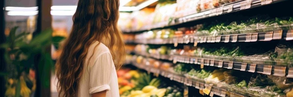 Eine Person mit langen Haaren, weißem kurzärmeligem Hemd und Jeans steht vor einem Supermarktregal mit Obst und Gemüse.