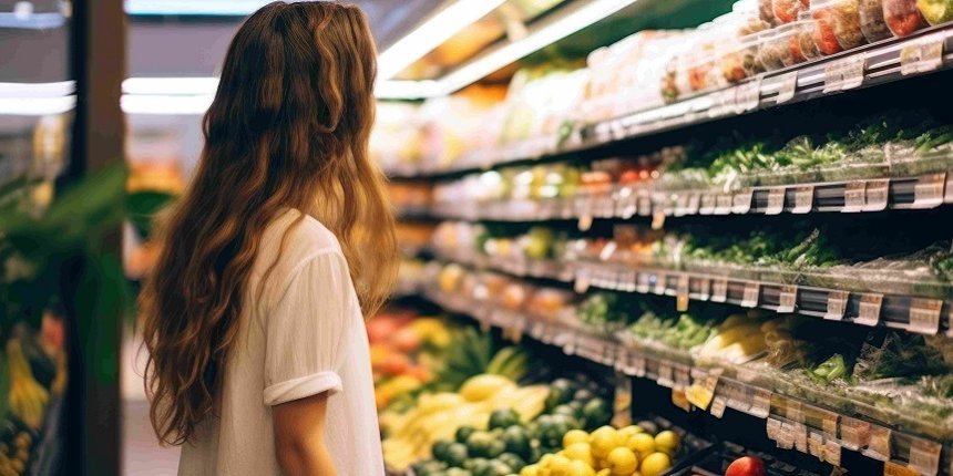 Eine Person mit langen Haaren, weißem kurzärmeligem Hemd und Jeans steht vor einem Supermarktregal mit Obst und Gemüse.. Artikel "Wie hoch ist das Vertrauen in Bio-Lebensmittel?" öffnen.