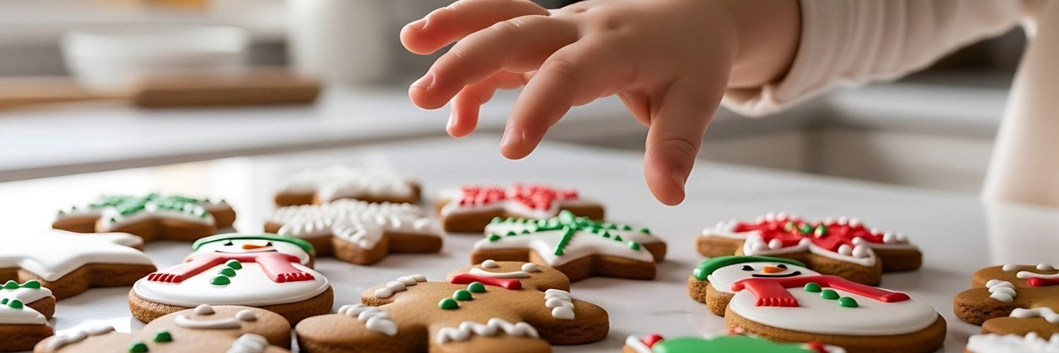 Auf einem Tisch liegen verschiedene Weihnachtsplätzchen mit Zuckerguss und -verzierung. Ein Kleinkind greift mit der Hand danach. 