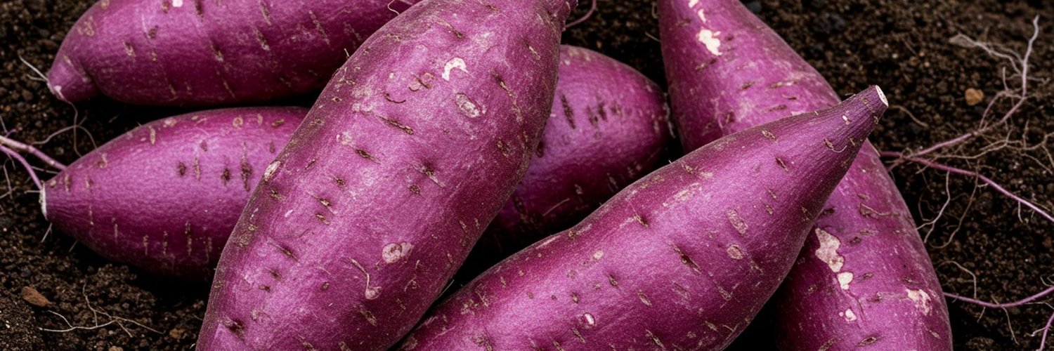 Ube-Knollen liegen auf dunkler Erde.