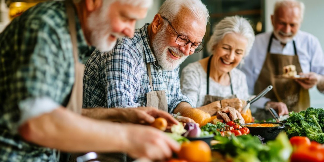 Seniorinnen und Senioren bereiten gemeinsam Essen zu und haben dabei Spaß.