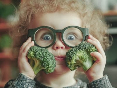 Ein kleiner blonder Junge mit grüner Brille hält zwei Brokkoli-Röschen vor sein Gesicht.