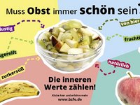 In einem Glasschälchen ist klein geschnittenes Obst. Rundherum sind nicht makellose Früchte mit anderen Begriffen für nicht makellos angeordnet. igen Begriffen angeordnet