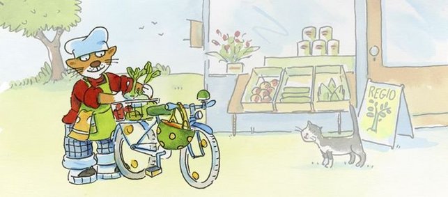 Comic Figur Kater Cook mit Fahrrad