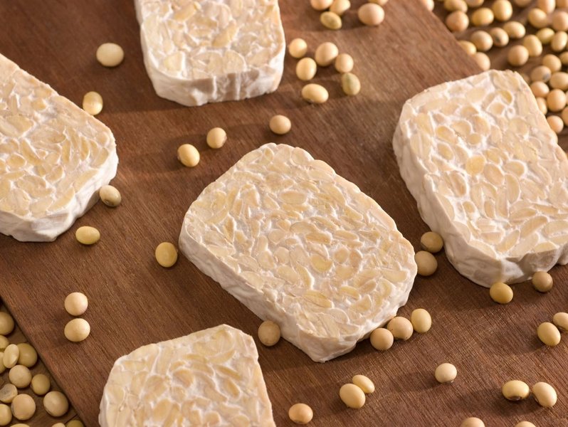 Abgebildet sind mehrere Scheiben Tempeh und einzelne Sojabohnen.