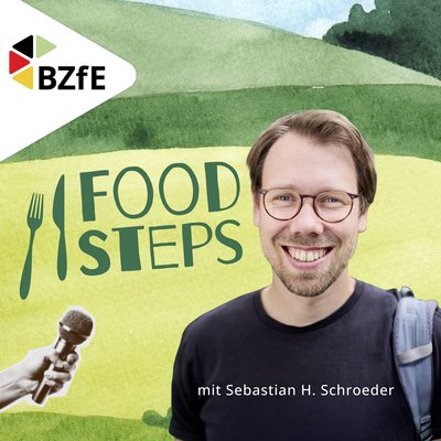 Eine Grafik mit dem Gesicht eines lachenden Mannes. Daneben das Logo des BZfE und der Text: Foodsteps Nachhaltigkeitsstorys.