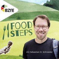Eine Grafik mit dem Gesicht eines lachenden Mannes. Daneben das Logo des BZfE und der Text: Foodsteps Nachhaltigkeitsstorys.