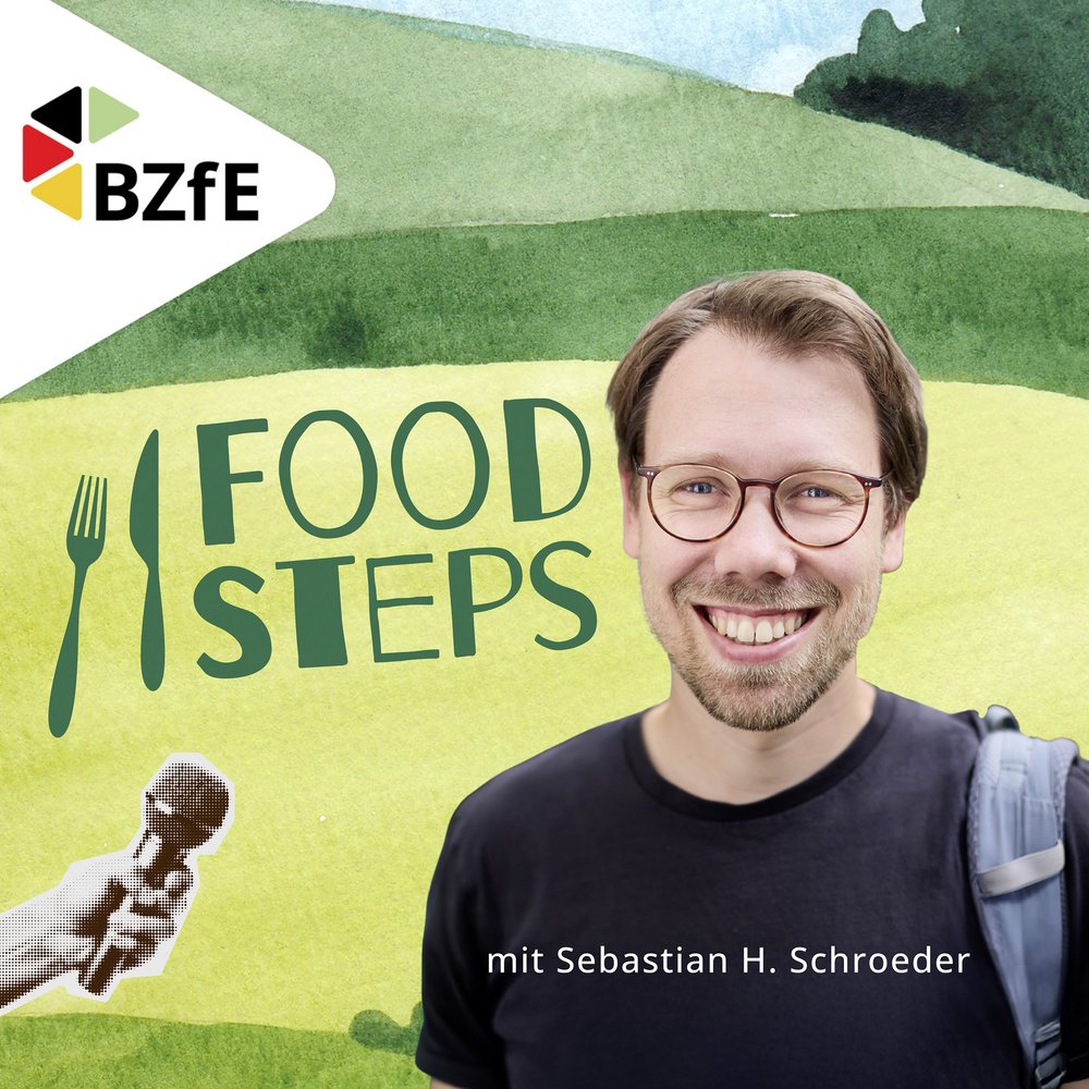 Eine Grafik mit dem Gesicht eines lachenden Mannes. Daneben das Logo des BZfE und der Text: Foodsteps Nachhaltigkeitsstorys.