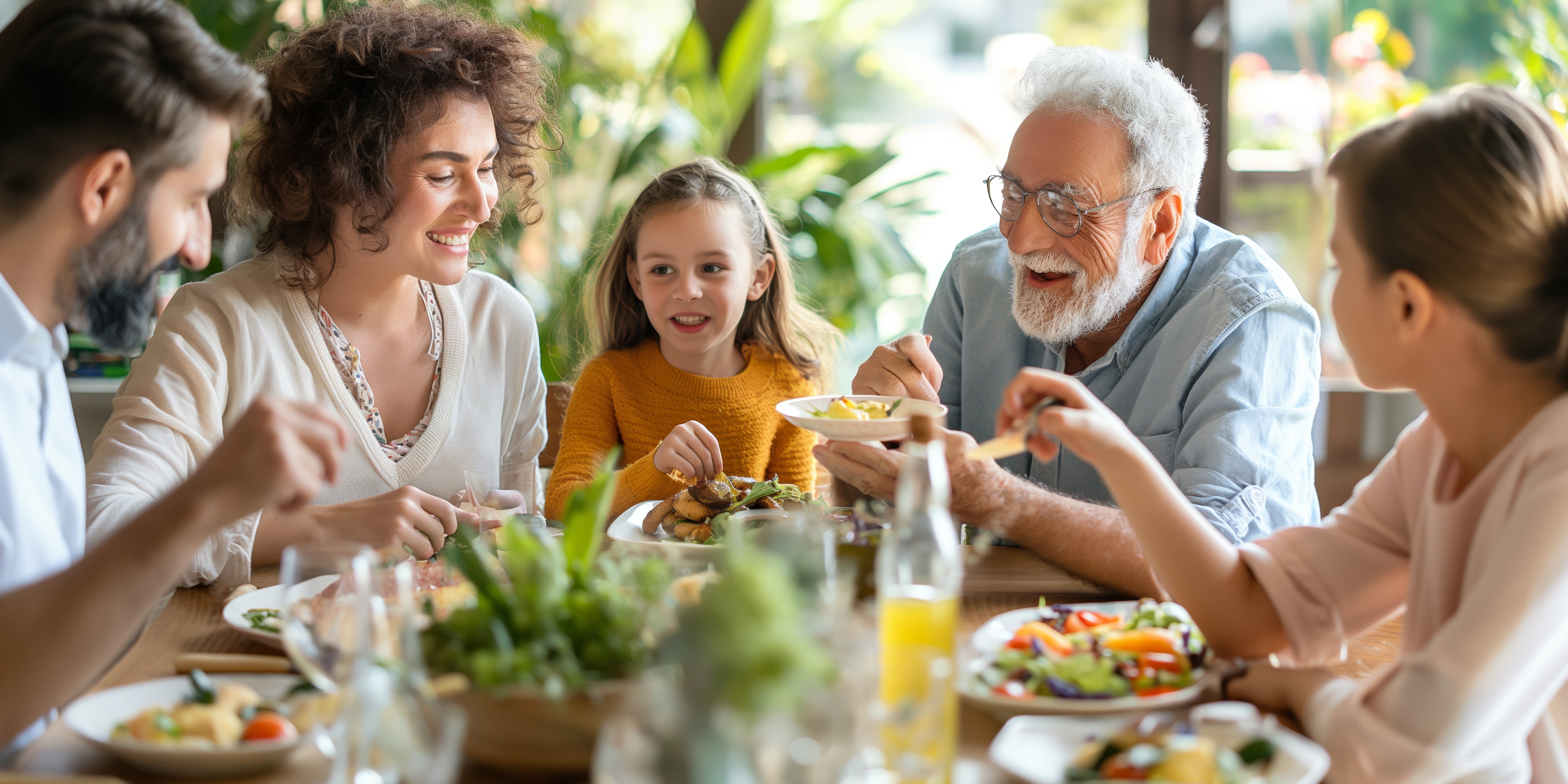 5 Menschen unterschiedlichen Alters sitzen an einem Tisch im fröhlich im Freien am Tisch und essen. Das Bild ist KI-generiert.. Artikel "Lebensphasen" öffnen.