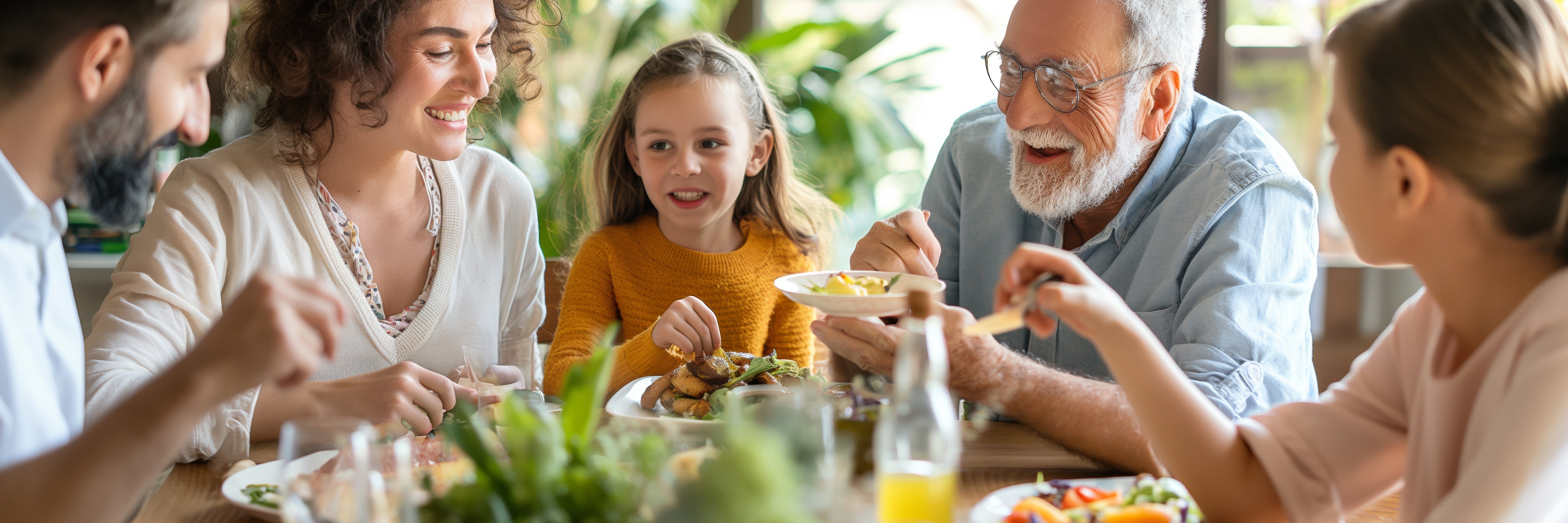 5 Menschen unterschiedlichen Alters sitzen an einem Tisch im fröhlich im Freien am Tisch und essen. Das Bild ist KI-generiert.