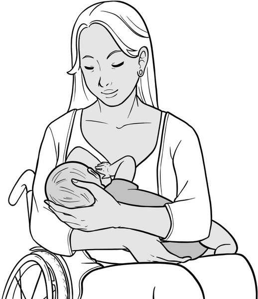 Die Stillende sitzt aufrecht und hält ihr Baby im Arm und an der Brust. Der Kopf des Babys wird durch die Stillende gehalten.