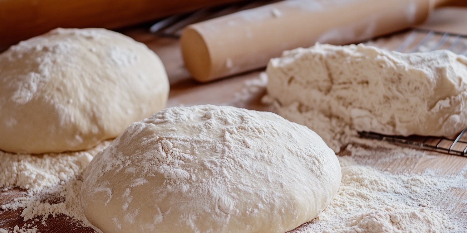 Auf einem Holzuntergrund liegen mehrere Teiglaibe mit Mehl bestäubt, einer ist halbiert und zeigt die Teigstruktur.. Artikel "Was machen eigentlich Hefe und Sauerteig?" öffnen.
