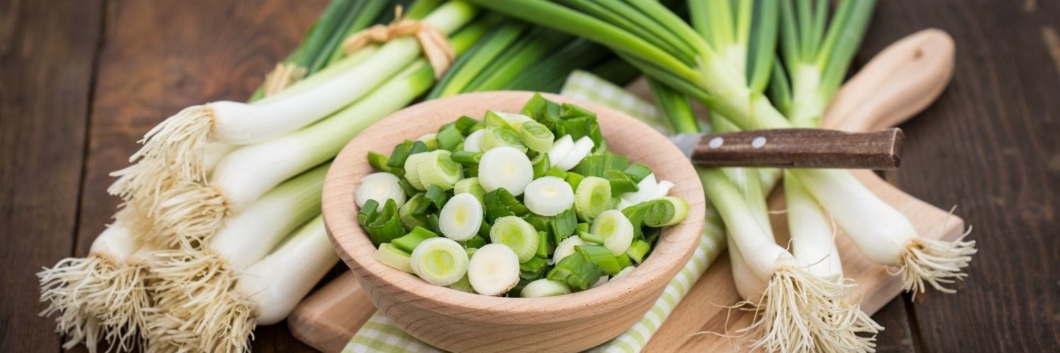 Auf einem Holzbrett liegen Bündel mit Frühlingszwiebeln. Auf einer grün-karierten Serviette steht ein Schälchen mit kleingeschnittenen Frühlingszwiebeln, daneben liegt ein Küchenmesser mit Holzgriff.