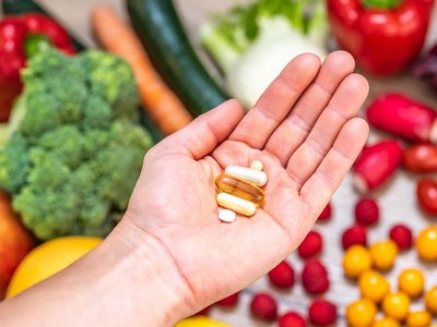 Abgebildet sind Nahrungsergänzungsmittel auf einer Hand, im Hintergrund ist Obst und Gemüse.