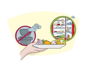 Eine durchgestrichene Mülltonne und ein Teller mit Lebensmittelresten, der zum Kühlschrank getragen wird.