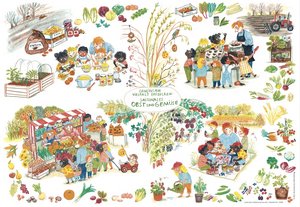 Bunte Illustration für Kinder zu saisonalem Obst und Gemüse