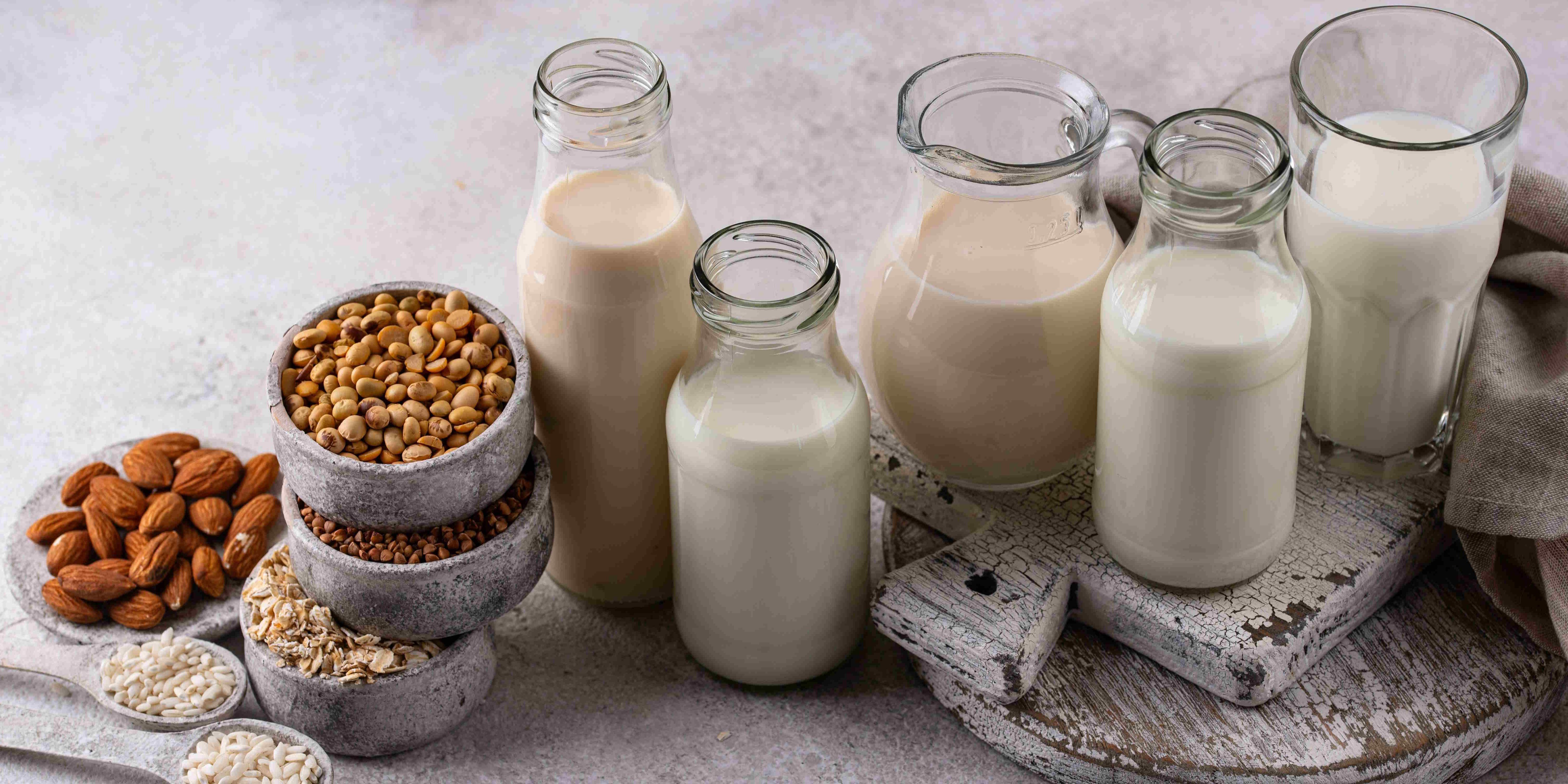 Neben Flaschen mit Pflanzendrinks stehen Schälchen mit Sojabohnen, Mandeln, Haferflocken und Buchweizen.. Artikel "Pflanzliche Milchalternativen" öffnen.