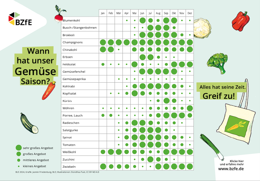 Die Infografik zeigt in einer kindgerechten Auswahl, wann unser Gemüse Saison hat.
