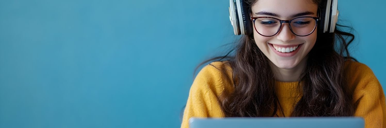 Frau mit Kopfhörer schaut auf Laptop vor sich.