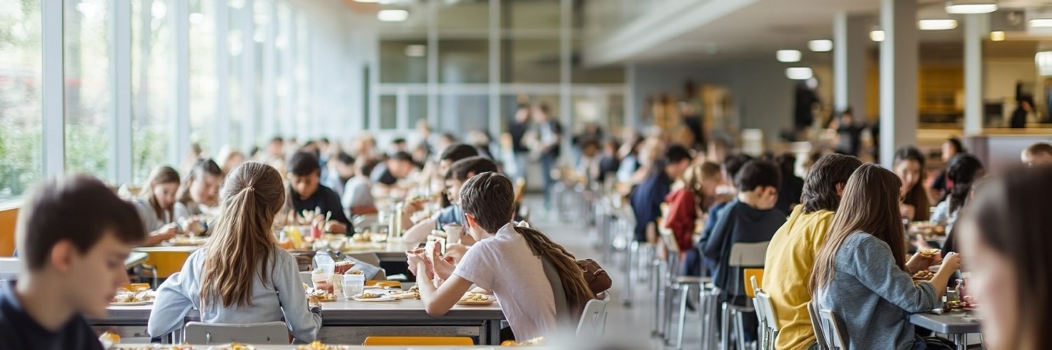 Blick in eine Schulmensa mit großen Fenstern. An vielen Tischen sitzen Jungen und Mädchen beim Mittagessen.