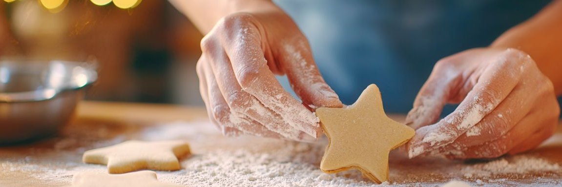 Eine Frau macht Plätzchen in Sternenform.