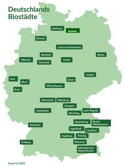 Auf einer Deutschlandkarte sind die Bio-Städte und -regionen markiert.