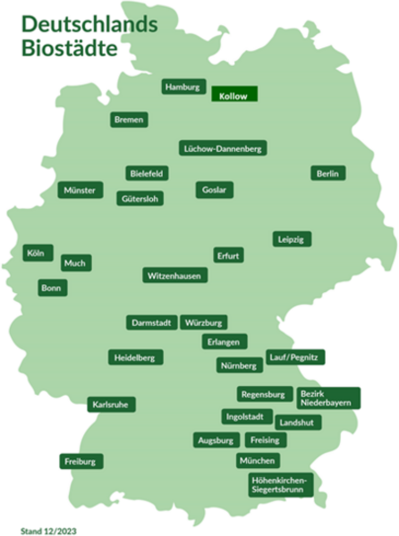 Auf einer Deutschlandkarte sind die Bio-Städte und -regionen markiert.