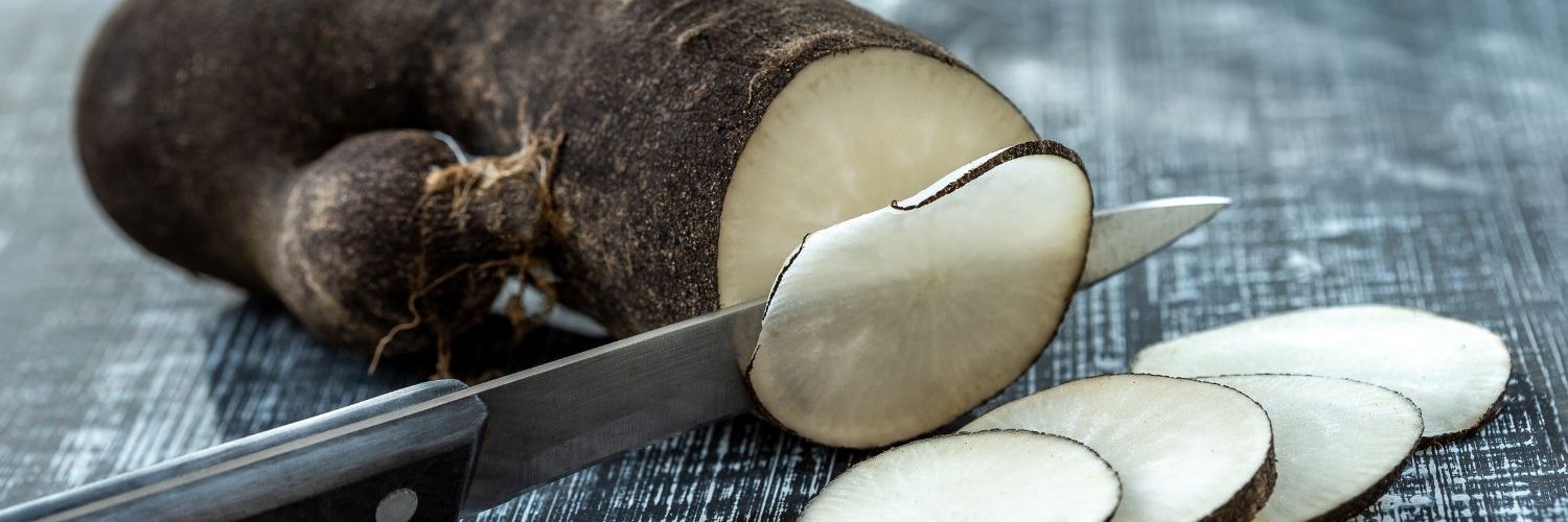 Auf einem dunklen Untergrund liegt ein Schwarzer Rettich von dem mit einem Messer dünne Scheiben abgeschnitten wurden.